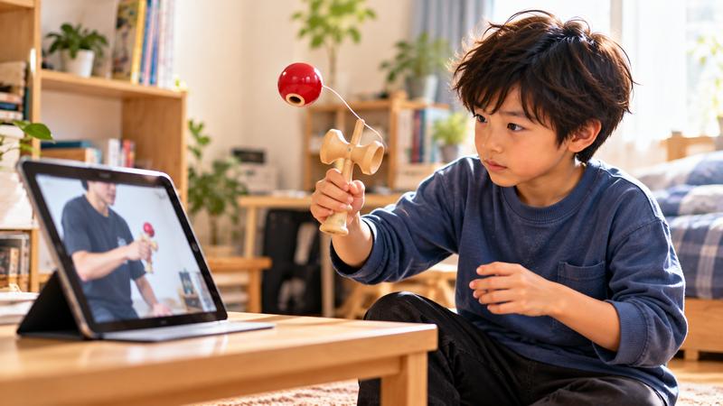 動画を参考にしながら独学でけん玉を練習する小学生のイラスト