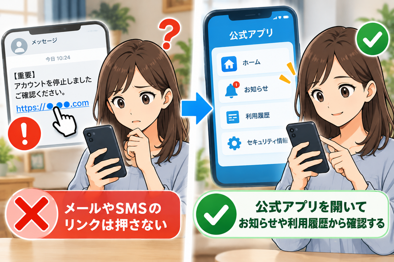 メールやSMSのリンクを押さず公式アプリから確認する様子