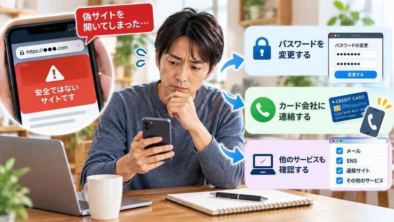 偽サイトを開いた後にパスワード変更や連絡を確認する様子