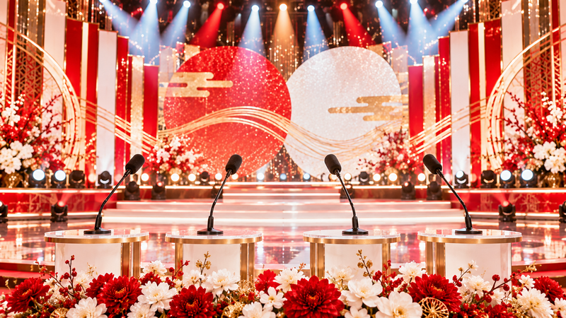 第77回NHK紅白歌合戦を4人の司会者が進行する様子をイメージしたステージ