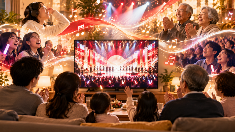 世代を越えて音楽を楽しむ人々と2026年紅白歌合戦のテーマをイメージした風景