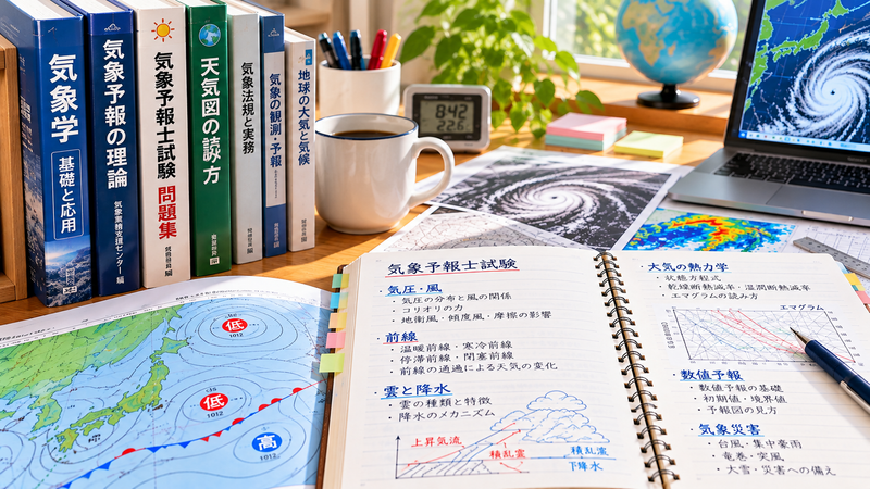 気象予報士試験の勉強をイメージした机