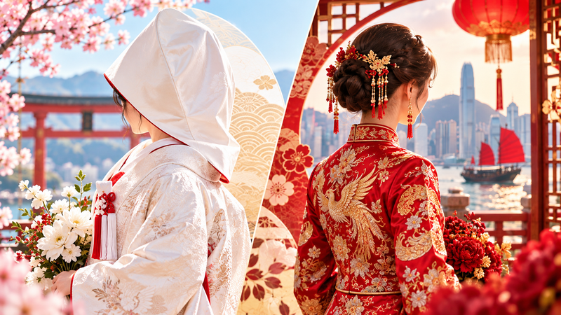 日本の白無垢と香港の伝統的な婚礼衣装をイメージしたイラスト