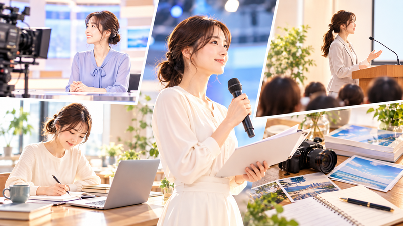 司会や執筆、講演など幅広い仕事に取り組む女性をイメージしたイラスト