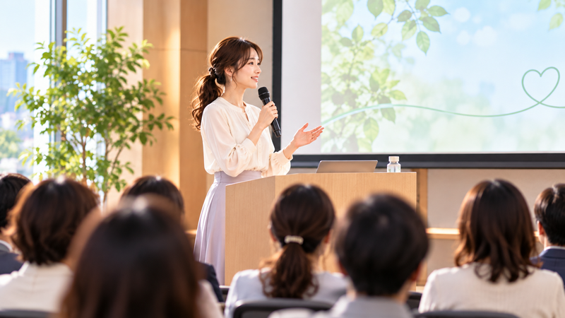 メンタルヘルスについて講演する女性と話を聞く参加者をイメージしたイラスト