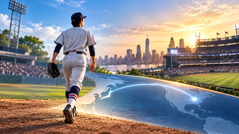 日本の大学野球からMLB挑戦を目指す進路をイメージしたイラスト