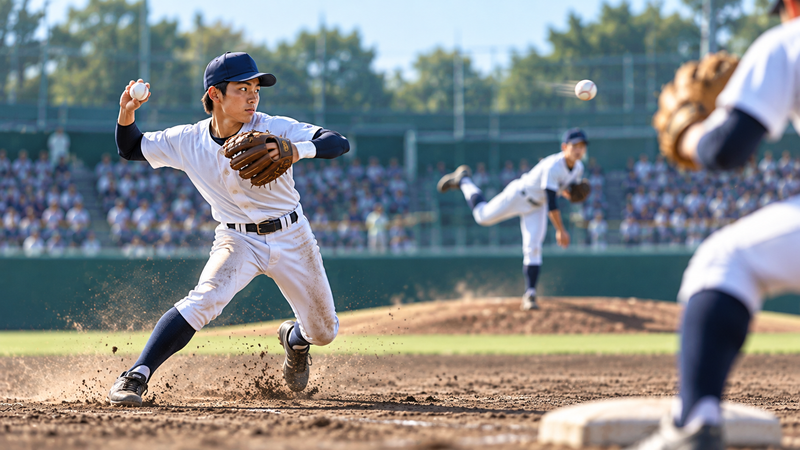 遊撃手として強肩を生かして送球する高校野球選手のイラスト