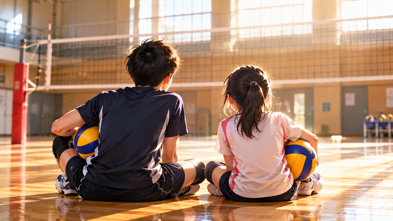 石川祐希と石川真佑の兄妹関係をイメージしたバレーボールをする兄妹のイラスト