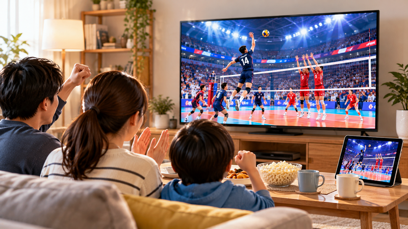 トルコリーグのバレーボール中継をテレビやタブレットで視聴する様子をイメージしたイラスト