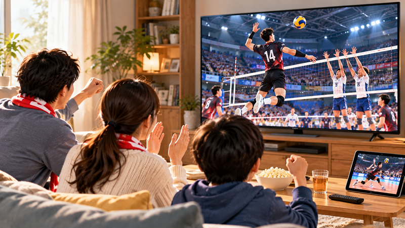 石川祐希が出場するトルコリーグの試合をテレビやタブレットで視聴する様子をイメージしたイラスト