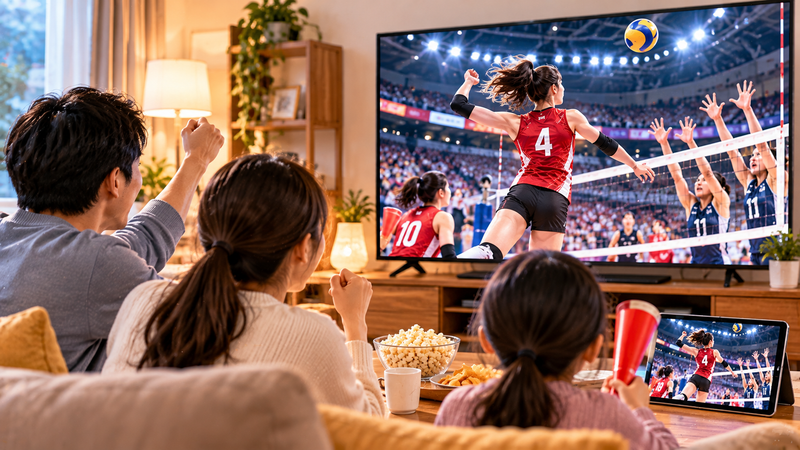 石川真佑が出場するトルコリーグの試合をテレビやタブレットで視聴する様子をイメージしたイラスト
