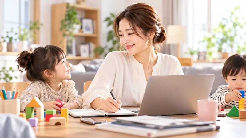 自宅で子育てと仕事を両立する女性のイメージ