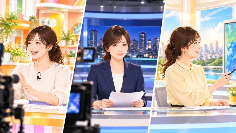 昼の情報番組から朝のニュース番組まで、テレビアナウンサーの仕事の変化を表現した3つのスタジオのイラスト