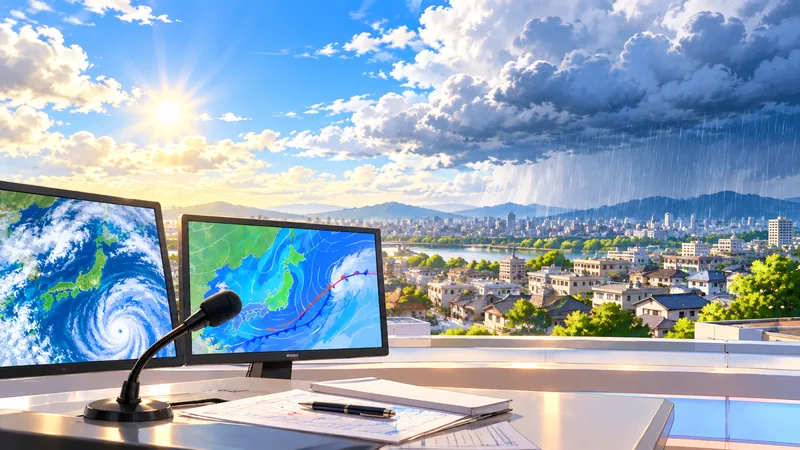 晴れ間と雨雲が広がる街並みと、気象情報を伝えるための天気図やマイクを描いたイラスト