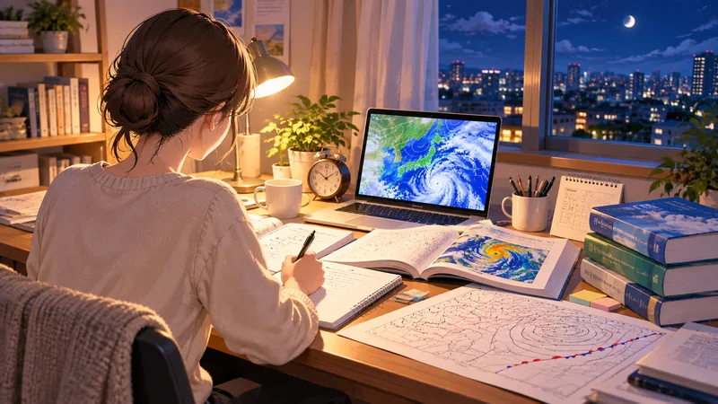 夜の机に置かれた気象の参考書や天気図を使い、気象予報士試験の勉強をする様子を表現したイラスト