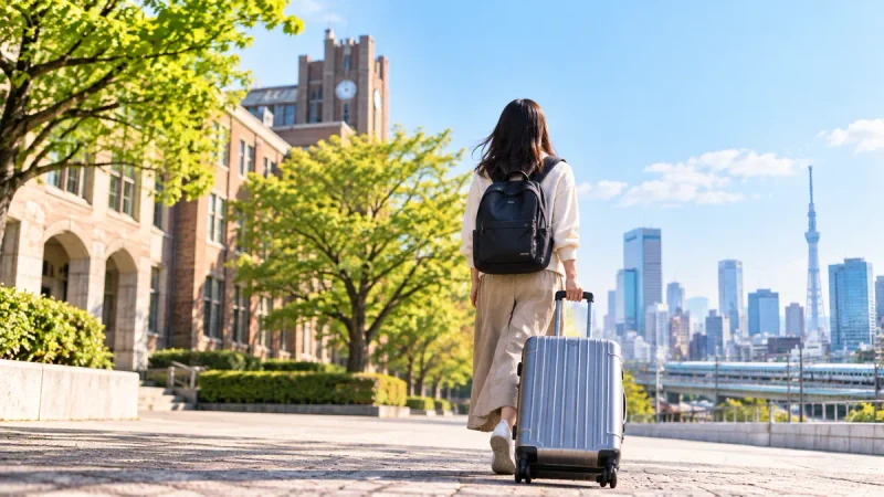 大学キャンパスから旅行かばんを引いて歩く女性の後ろ姿