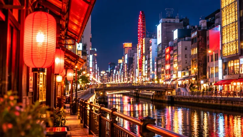 大阪の夜の街をイメージした赤い提灯と川沿いの街並み