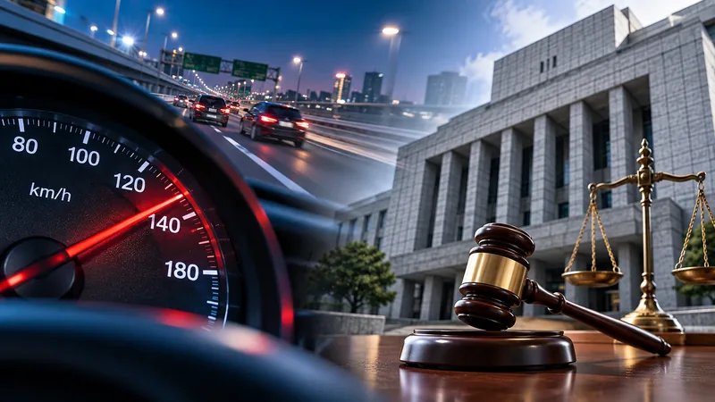 自動車の速度超過と裁判の経緯を表現したイメージイラスト