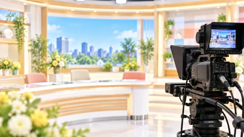 朝のテレビ番組をイメージしたスタジオと放送機材のイラスト