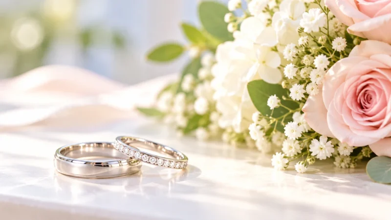 結婚をイメージした二つの指輪と花のイラスト