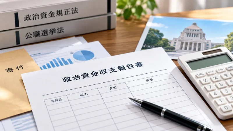 書類と電卓、ペンで政治資金の記録を表したイメージ