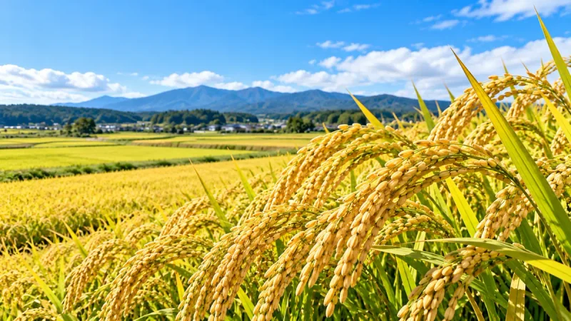 日本の水田に実る黄金色の稲穂