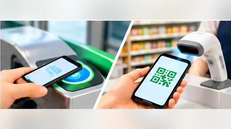 駅の自動改札で使うSuicaのタッチ決済と店舗で使うteppayのコード決済を比較したイラスト