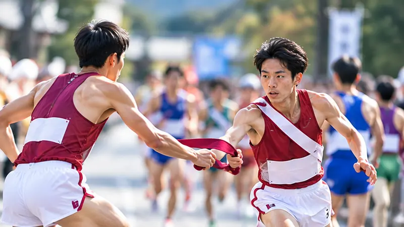 たすきを受け取る大学生ランナーと、渡し終えた選手