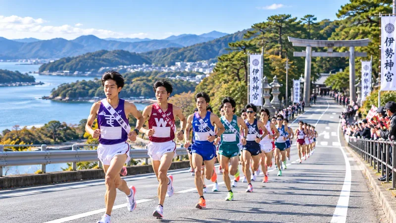 伊勢路を走る大学駅伝の選手たちをイメージした風景