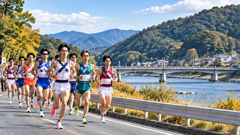 秋の駅伝大会で、先頭集団を走る大学生ランナーたち