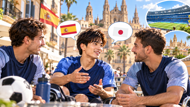 スペインでチームメートと会話する日本人サッカー選手をイメージしたイラスト