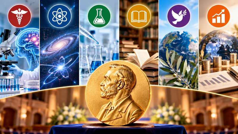 ノーベル賞の6部門を生理学・医学・物理学・化学・文学・平和・経済学のイメージで表した図