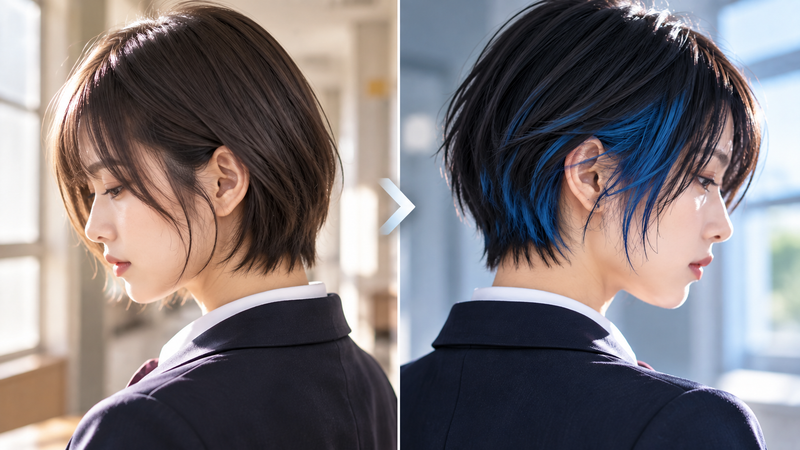 過去のショートヘアと青メッシュ入りベリーショートの違いを表したイメージ