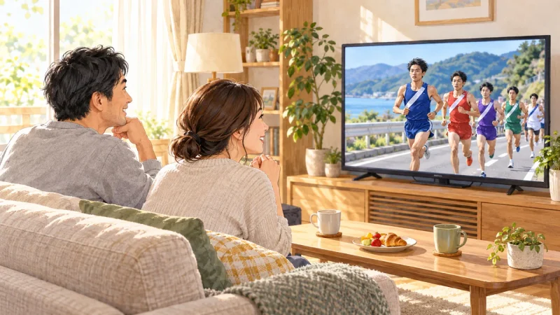 日本の家庭のリビングで、夫婦が朝の駅伝中継をテレビで楽しむ場面。