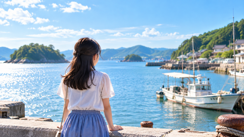瀬戸内海の島と映画で主演する少女をイメージしたイラスト