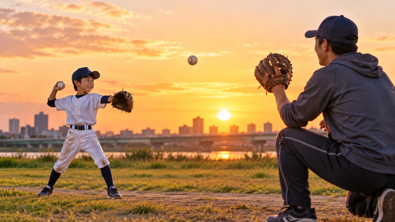 少年野球のグラウンドで父親とキャッチボールをする親子をイメージしたイラスト