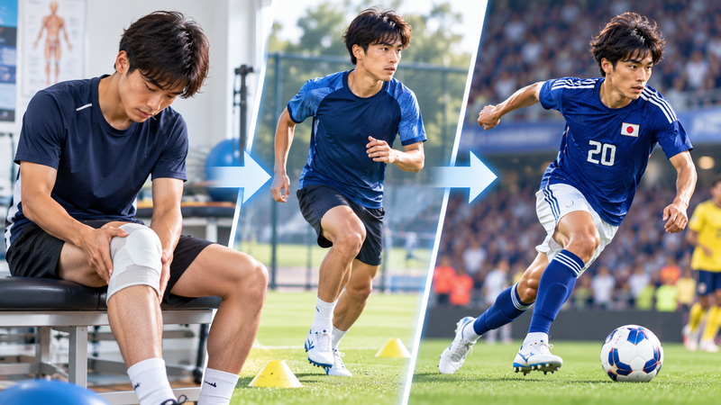 左膝の怪我から回復し試合へ復帰するサッカー選手をイメージしたイラスト