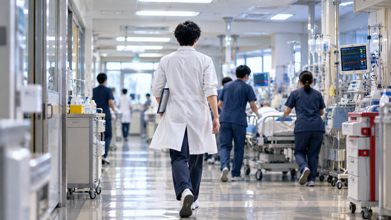 救命救急センターで働く若い研修医をイメージした病院の風