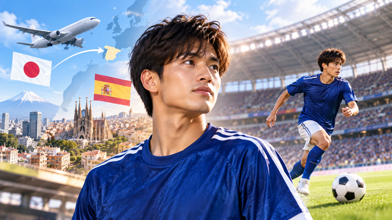 スペインのクラブで活躍する久保建英選手のプロフィールをイメージしたイラスト