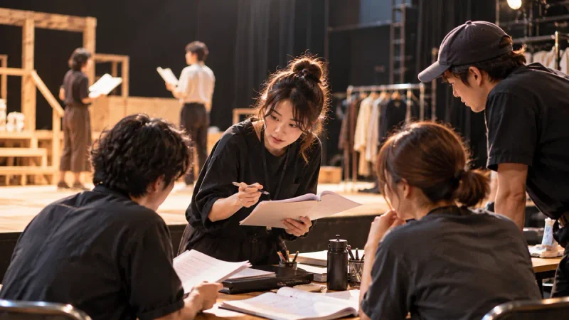 稽古場で台本を確認する女性演出家とスタッフ
