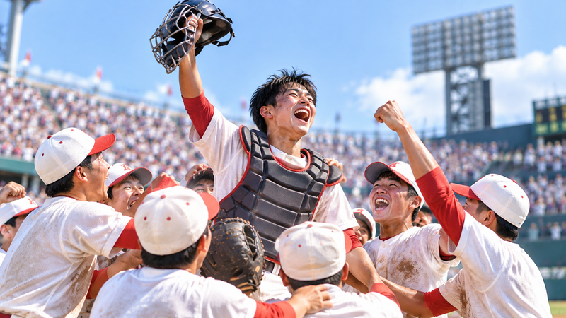 夏の高校野球で全国優勝を喜ぶ捕手と仲間をイメージしたイラスト