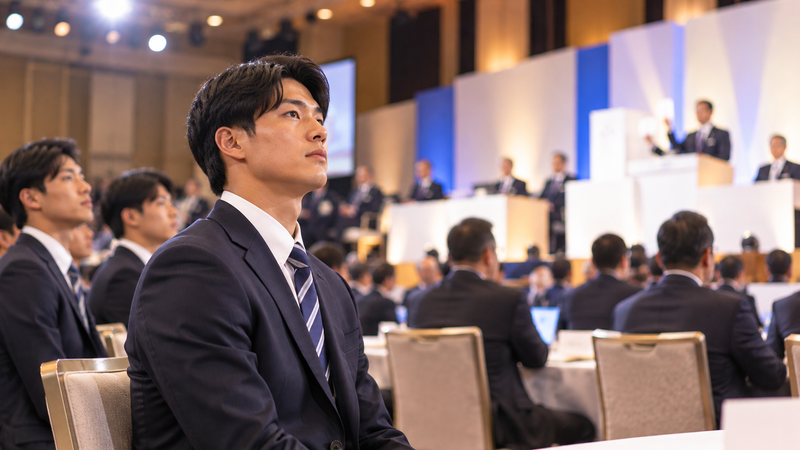 プロ野球ドラフト会議で指名を待つ大学野球投手をイメージしたイラスト