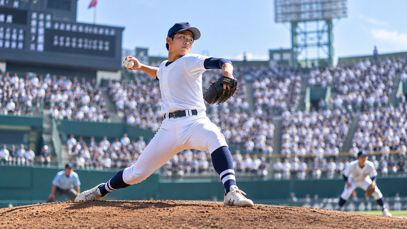 春の高校野球の大舞台で投球する高校生投手をイメージしたイラスト