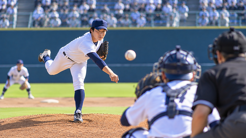 大学野球の代表チームで先発する投手をイメージしたイラスト