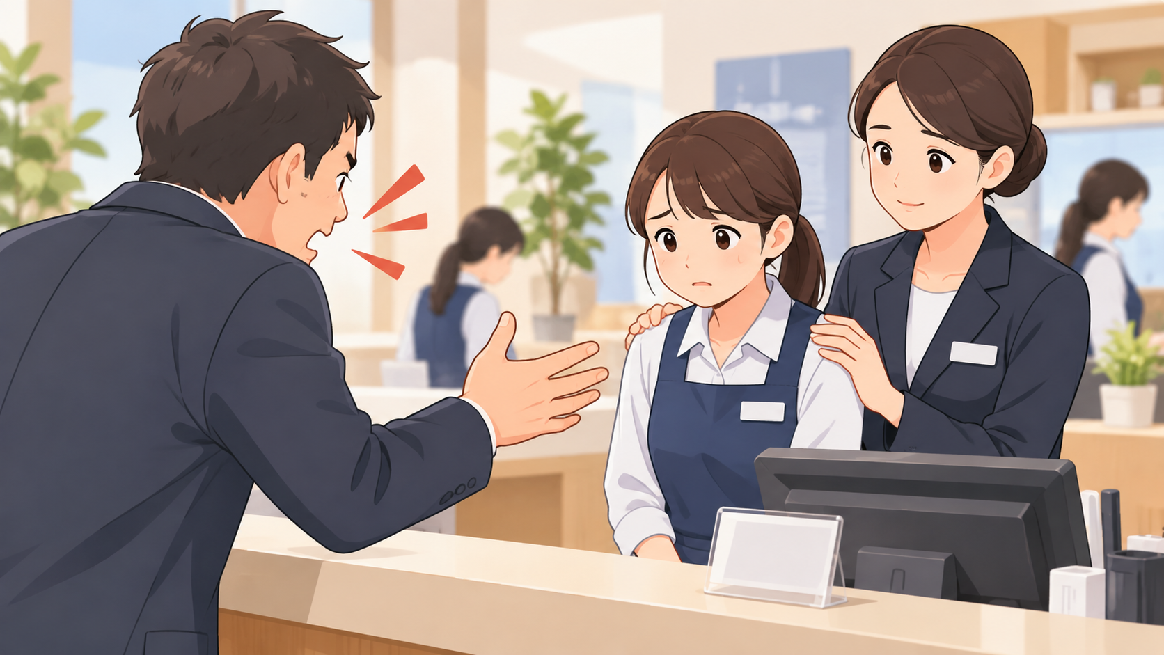 カスタマーハラスメントへの対応と従業員を守る職場をイメージしたイラスト