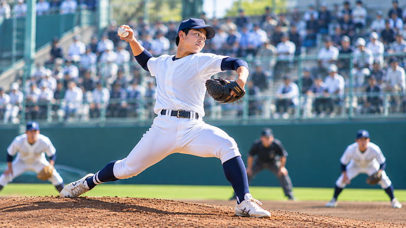 大学野球でエースとしてマウンドから投球する右腕投手をイメージしたイラスト