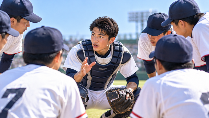 大学野球の代表チームで仲間をまとめる主将をイメージしたイラスト